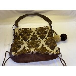 Vintage Tapestry &Faux Leather Purse Shoulder Handbag Tan & Brown By Stamp 10
